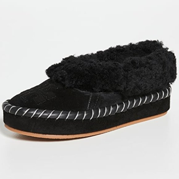NIB Tory Burch Genuine Shearling Leather Slipper Black 6...